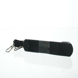 Black carrying strap with rubber shoulder reinforcement and carabiner clips