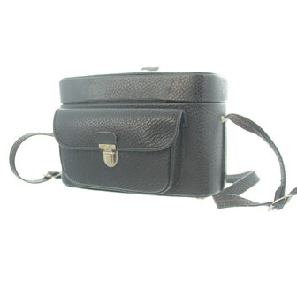 Vintage zwarte lederen camera tas met ruimte voor camera + attributen