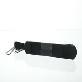 Black carrying strap with rubber shoulder reinforcement and carabiner clips