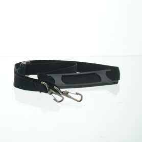 Black carrying strap with rubber shoulder reinforcement and carabiner clips